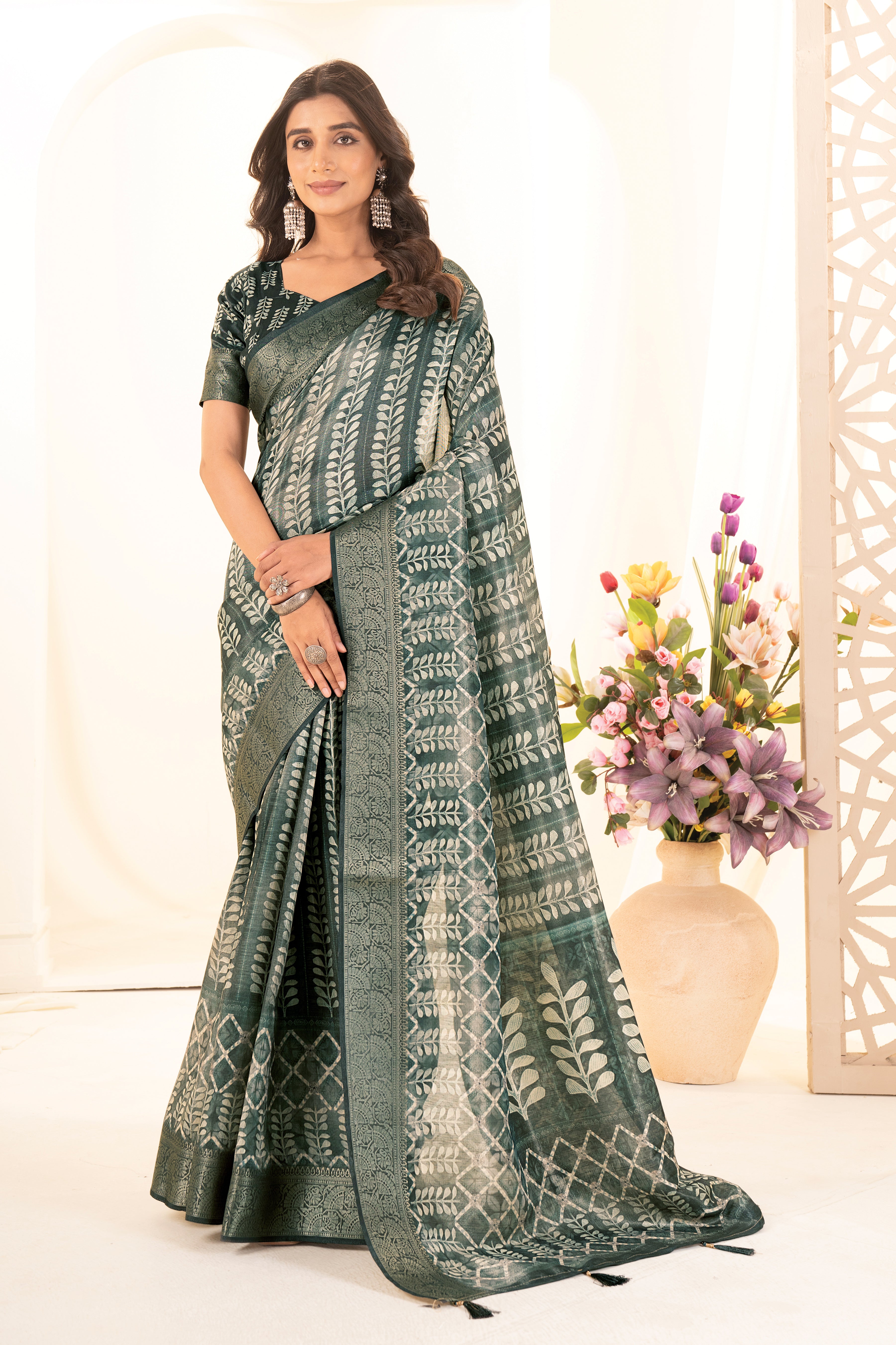 Rama Green Tussar Silk Ajrak Saree